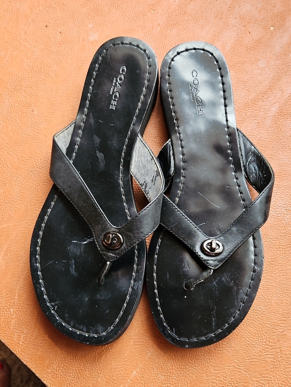 Coach Shelly Black Leather Thong Sandals,  Size 7.5